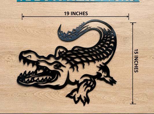 🐊 GATOR COUNTRY — BUILT TO STAND OUT! This 19” × 15” custom alligator metal sign is made to grab attention! The gator is finished in Cracked Ice powder coat, loaded with multi-colored metallic flakes that come alive and change appearance as the light hi