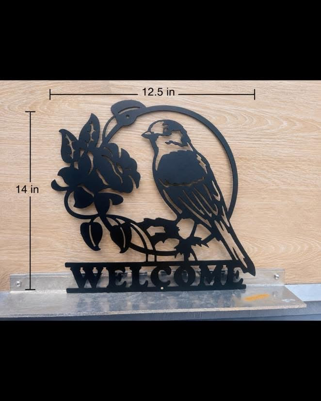 Welcome sign with Cardinal and flowers